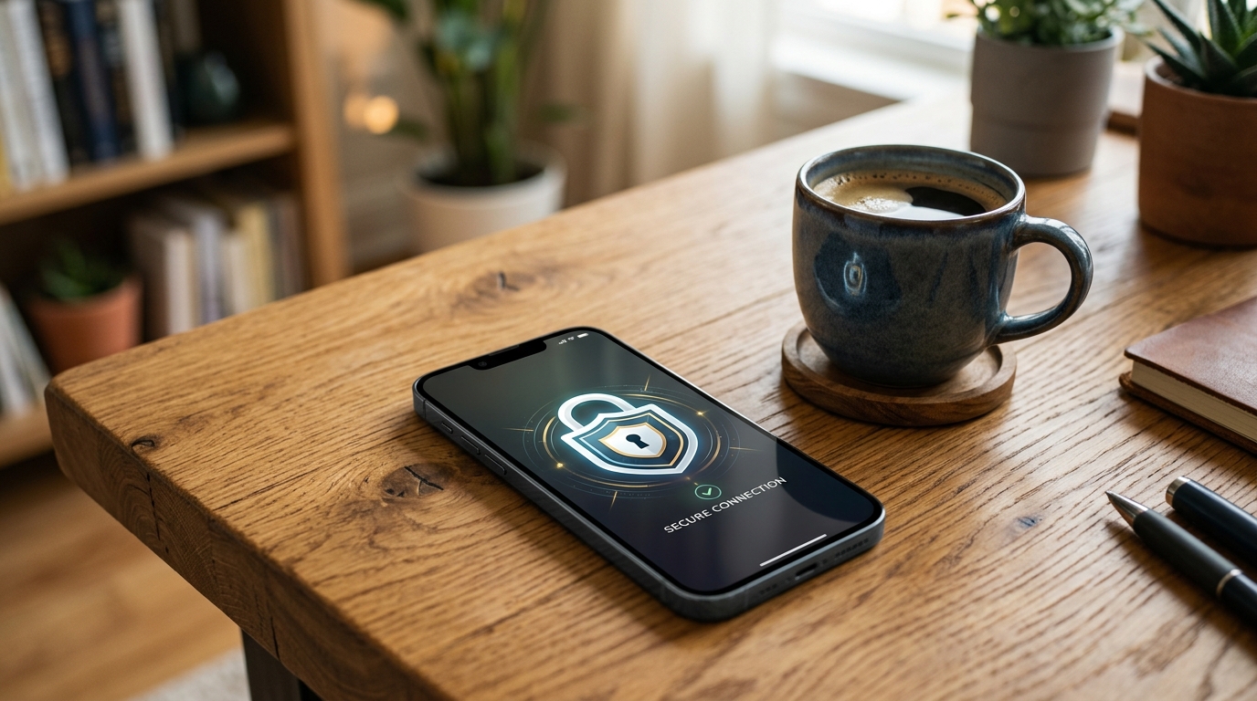 보안 연결 아이콘이 표시된 책상 위의 스마트폰