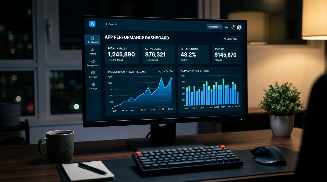 모바일 앱 설치 분석 및 성장 차트가 표시된 개발자의 깔끔한 컴퓨터 모니터 클로즈업