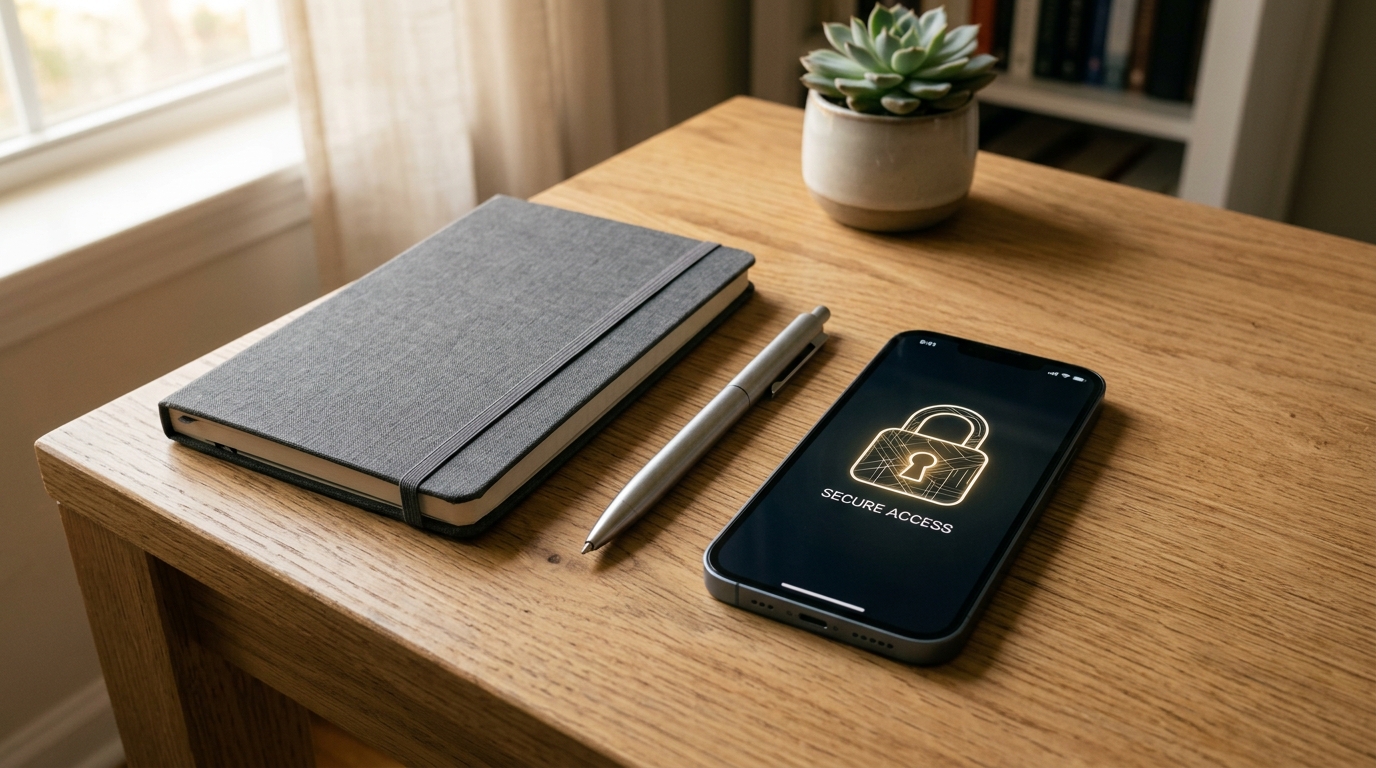 从微斜角度拍摄的极简办公空间布局。桌面上有一本合上的笔记...