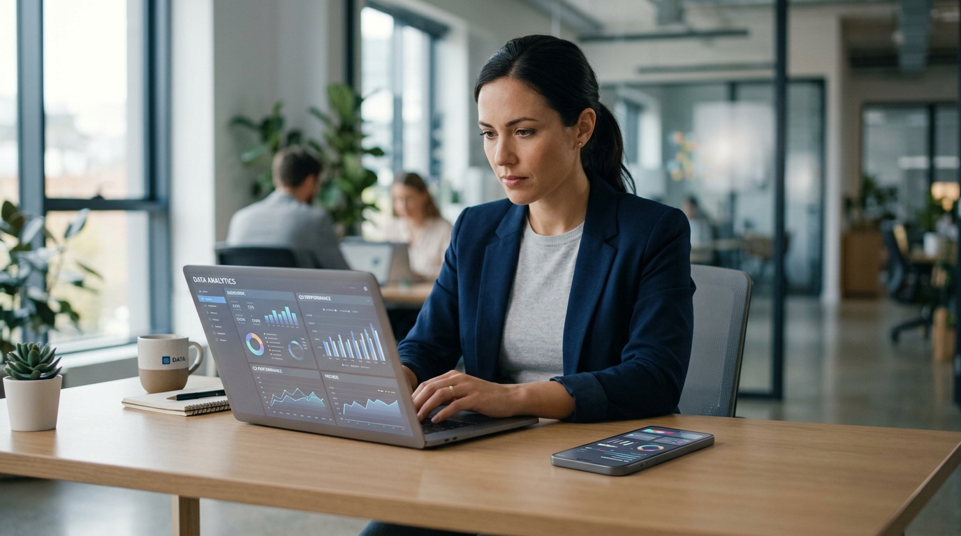 一位专业人士在整洁现代的办公桌前工作。该人员正在分析数字隐私数据...