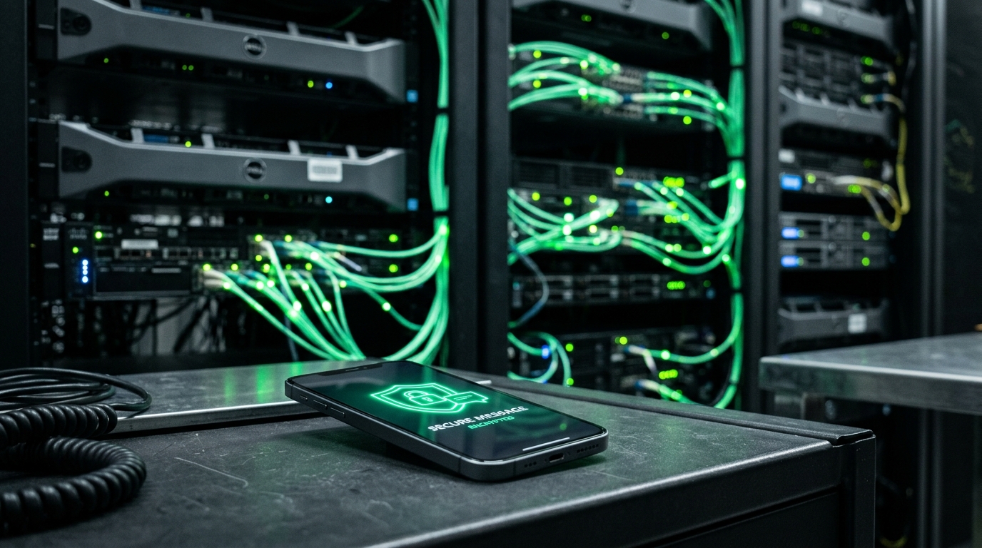 מבט מקרוב על ארונות שרתים במרכז נתונים עם כבלי סיבים אופטיים זוהרים.