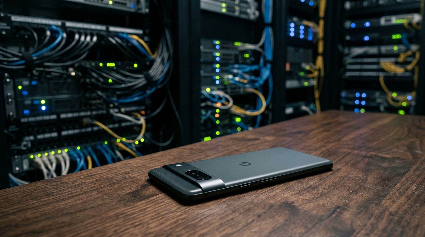 एक सर्वर रूम के माहौल में गहरे रंग की लकड़ी की मेज पर उल्टा रखा हुआ आधुनिक स्मार्टफोन...