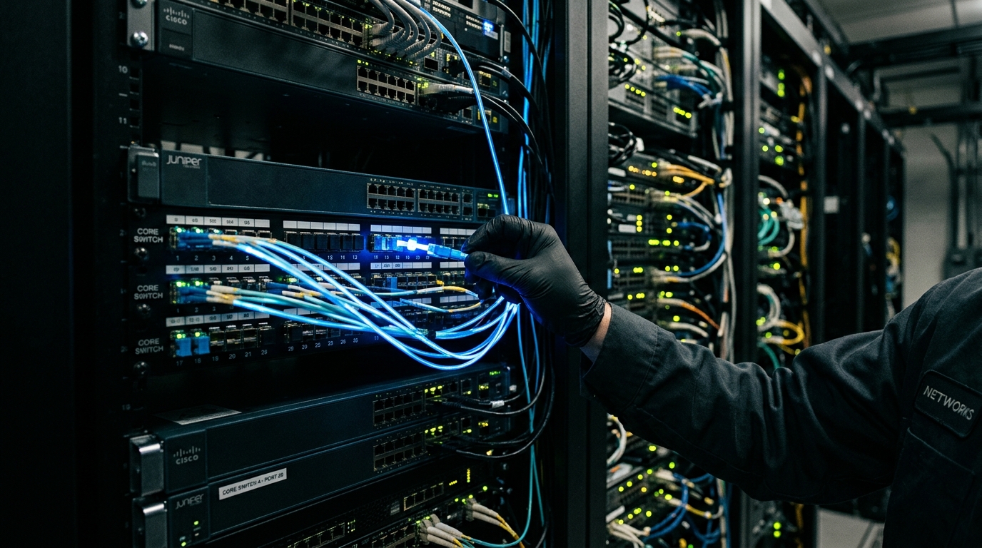 एक हाई-टेक डेटा सेंटर के अंदर का क्लोज-अप शॉट जिसमें एक तकनीशियन का हाथ सर्वर केबल को एडजस्ट कर रहा है