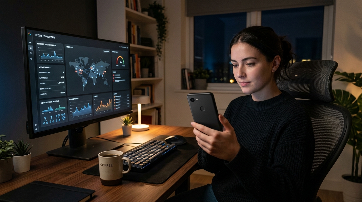 एक आधुनिक डेस्क पर बैठा व्यक्ति स्मार्टफोन पकड़े हुए, एक सरल वेरिफिकेशन स्क्रीन को देख रहा है