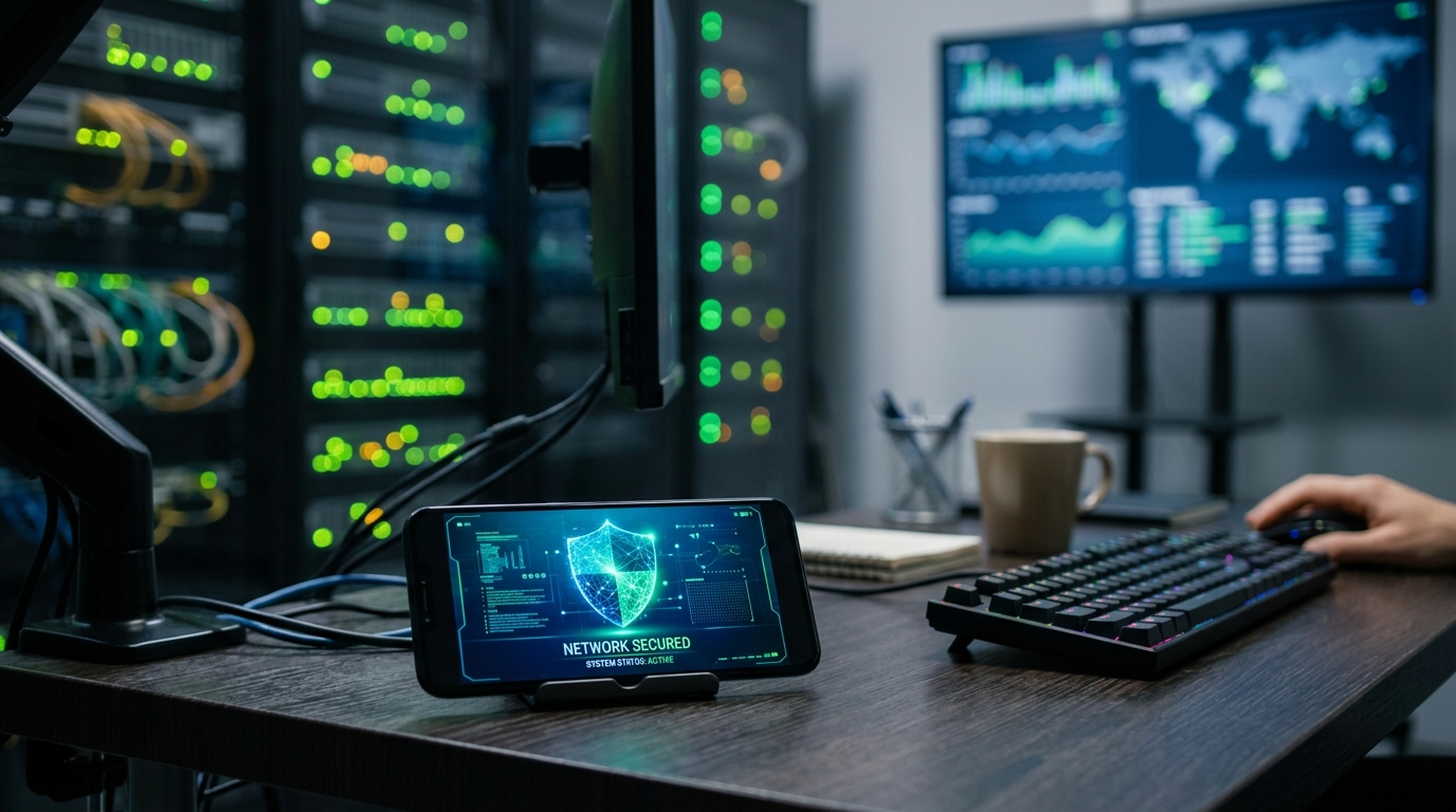 A modern network operations center desk. On the desk rests a smartphone displayi...