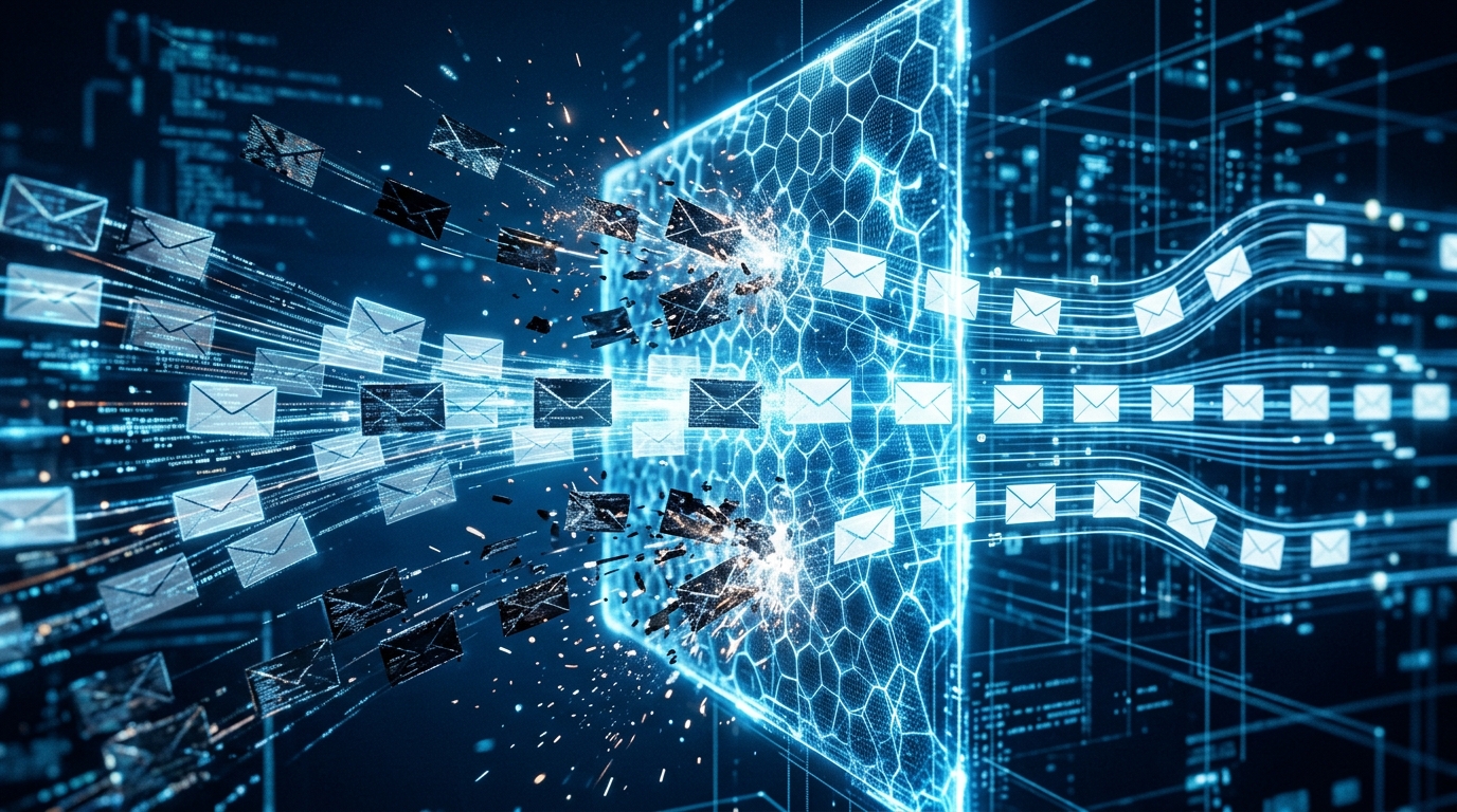 데이터 분류를 추상적이고 하이테크하게 시각화한 이미지. 디지털 봉투의 흐름이 빛나는 필터를 통과하고...