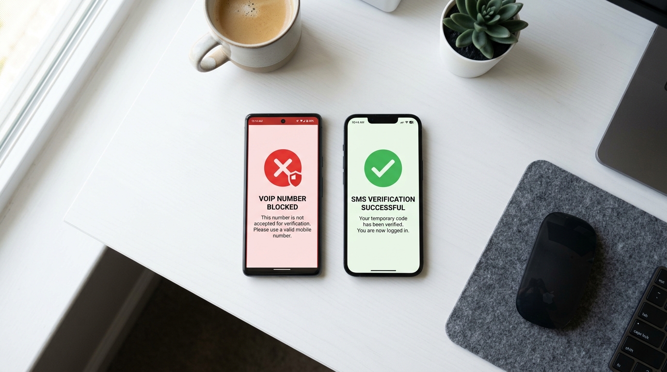 현대적인 데스크 셋업의 개념적인 탑다운 뷰. 두 대의 스마트폰이 책상 위에 놓여 있으며...