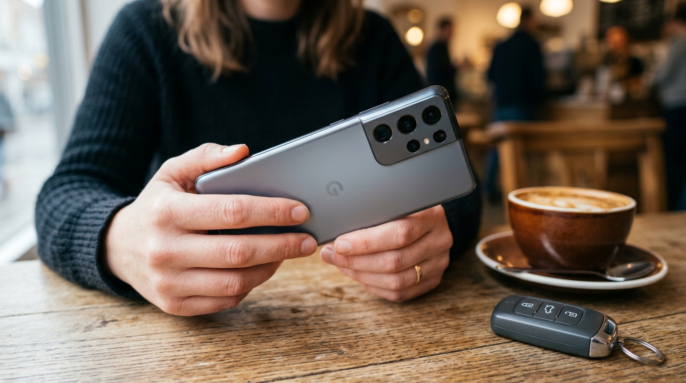 מבט מקרוב על ידיים של אדם המחזיק סמארטפון מודרני מעל שולחן עץ